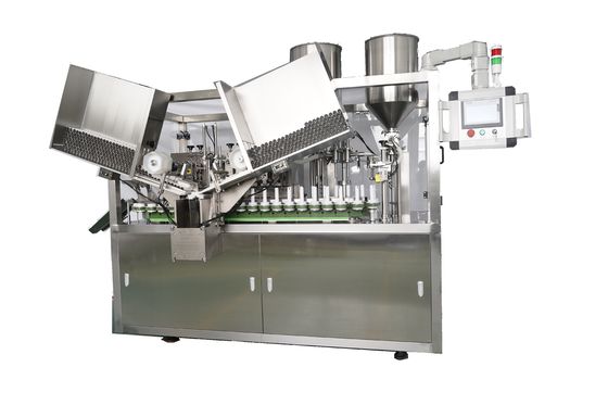 Maschine zur Befüllung von Weichrohren aus Kunststoff-Verbundwerkstoffen und zum Versiegeln der innerer Heizung mit Kühler für Handcreme